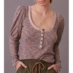 Anthropologie Puffed Sleeve Henley Womens Large Multicolor Knit Peasant Boho Top